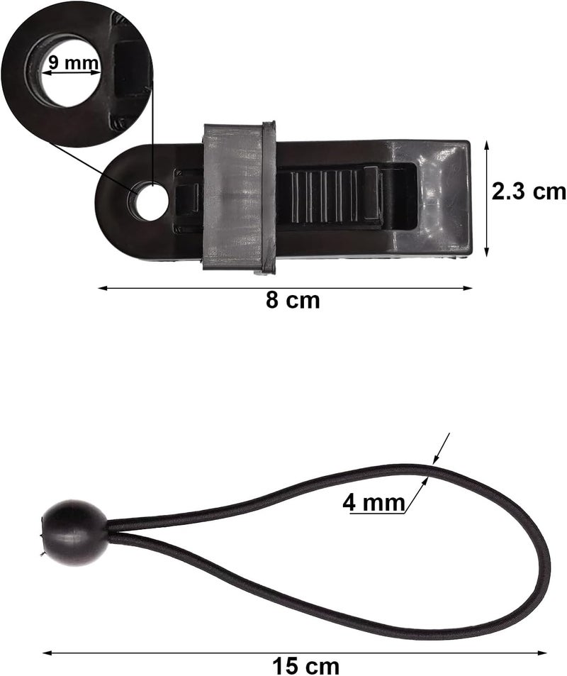 AOBYMIN Tarp Clips Lock Grip, 20 Pack Tarp Clamps Heavy Duty and Ball Bungee Cords Set, Tent Clips with 6 Inch Bungie Cord Balls for Awnings Camping, Patio Umbrellas, Pool Awning Cover - Image 2